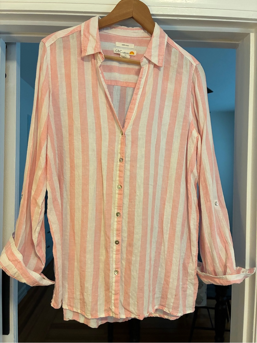 C&C California Pink and White Striped Linen Shirt